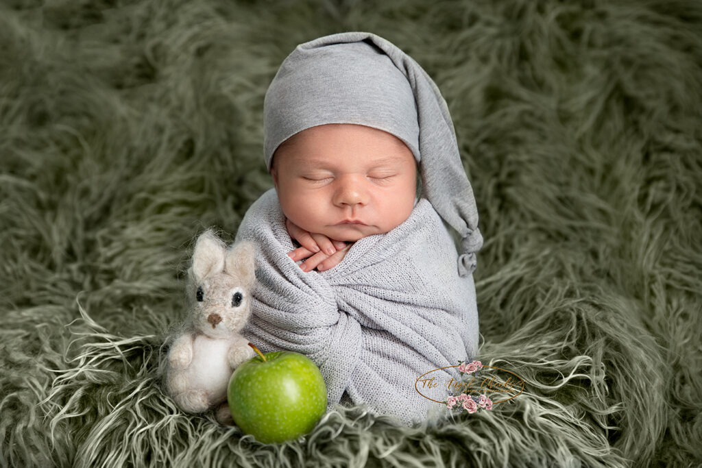 newborn photography baby boy squirrel green apple